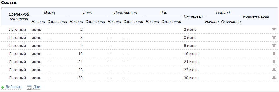 Приказ по интервалам, составленный из отдельных дней