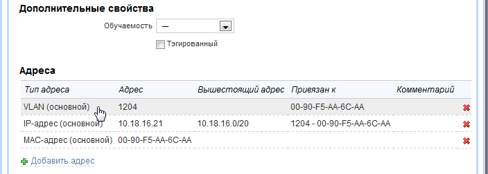 Адреса компонента оборудования